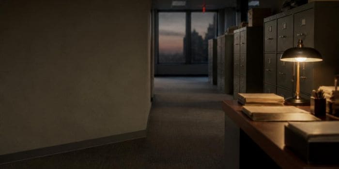 Weathered filing cabinets and glowing desk lamp evoke the USCIS e-filing rule transition