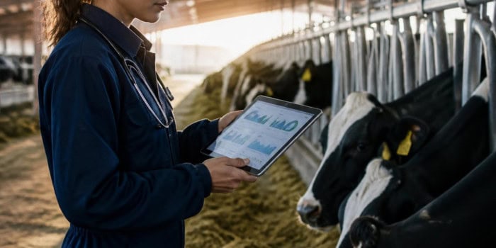 Animal Breeder worker holding an electronic tables in a Dairy production company