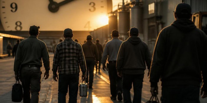 Workers walking to a clock representing the H-2B cap 2027 filing window